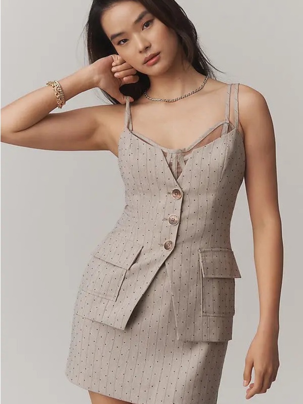 Maeve Taupe Pinstripe Midi Dress with Button Front